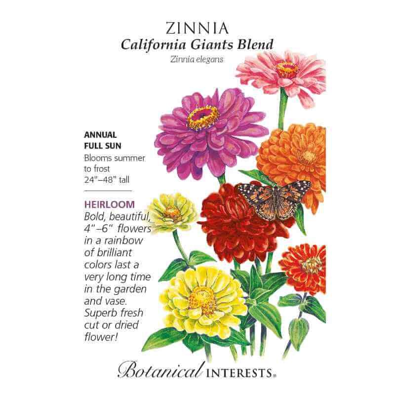 seed pack with drawing of colorful zinnia blooms and monarch butterfly
