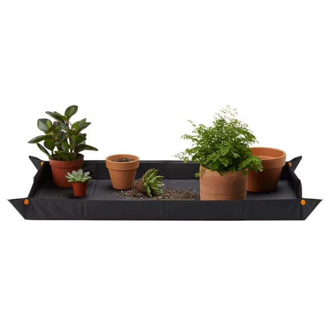 image of black mat with upturned edges with four clay pots and 3 plants on it