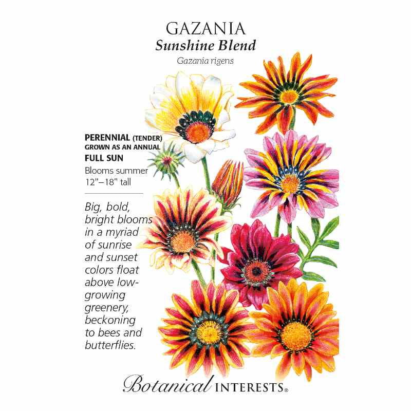 image of seed packet with drawing of several daisy like blooms in pink/ yellow, two toned orange and white/yellow.  logo and seed info in black type