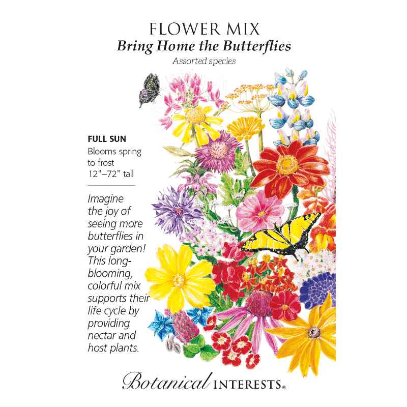 seed pack with drawings of multiple wild flower blooms with butterflies