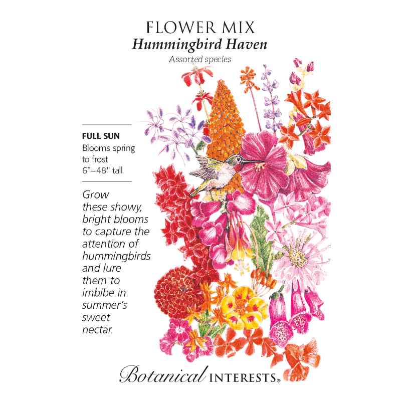 image of seed packet with drawings of several different types of flowers in pinks, reds, orange and yellow, along with a hummingbird.  logo and seed info in black type