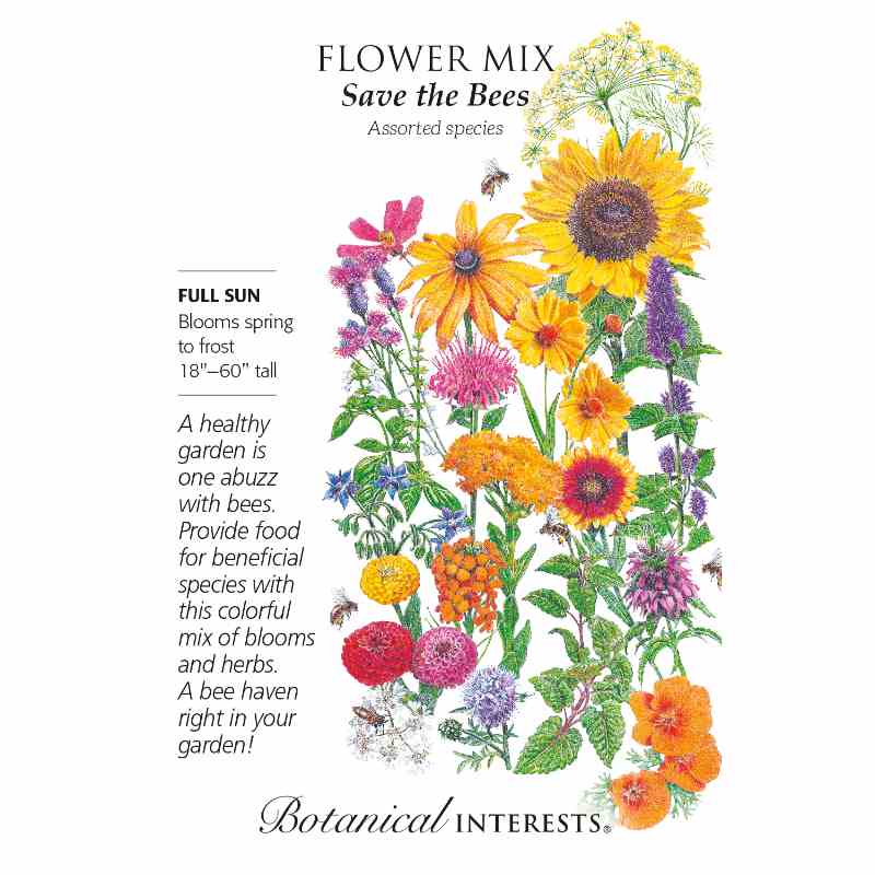 image of seed packet with drawings of many different flowers and herbs in purples, pinks, reds, oranges, yellows, blue with green leaves and stems.  Several drawings of bees buzzing about the flowers.  logo and seed info in black type