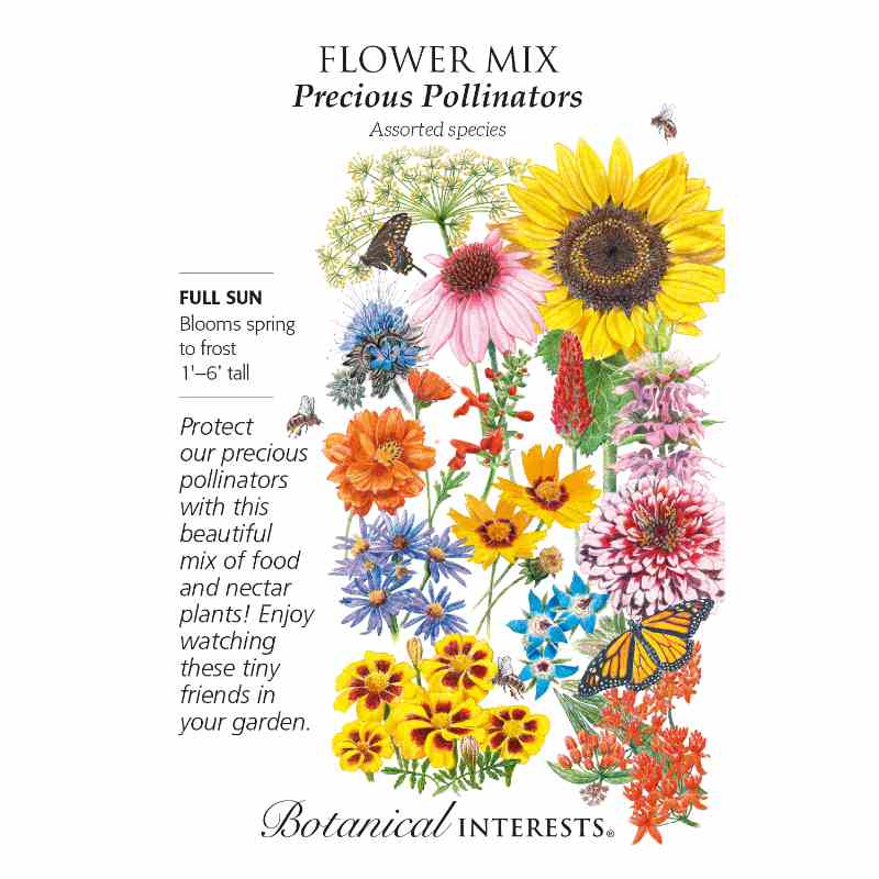 image of seed packet with drawings of many different flowers varying in color from pink, yellow, orange, blue, red and orange.  Drawings of bees and butterflies flying around the flowers.  logo and seed info in black type