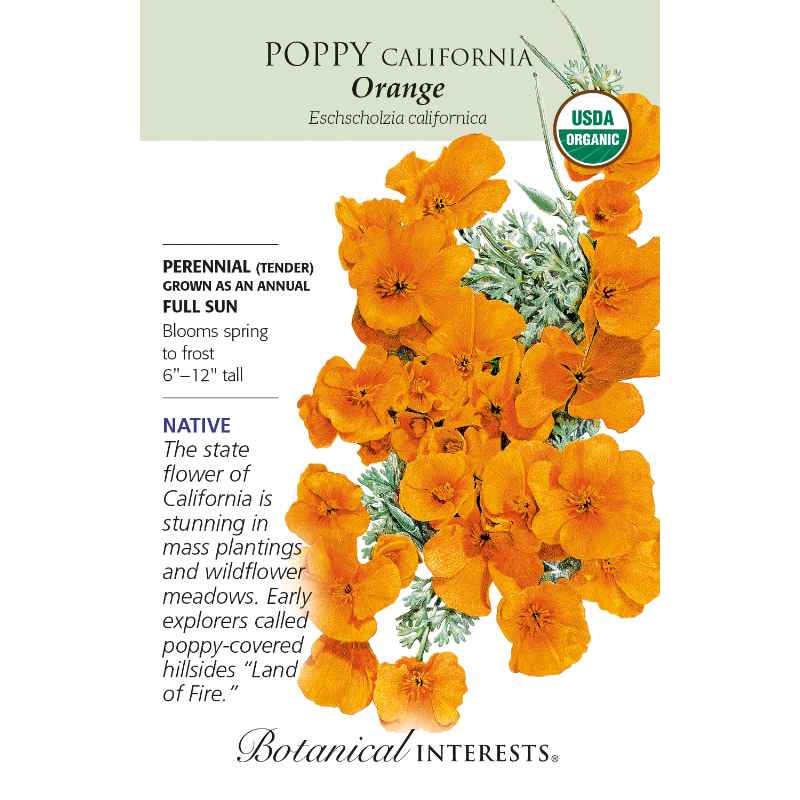 image of seed packet with drawing of several bright orange poppy flowers with rounded petals and grey green foliage.  logo and seed info in black type.  USDA organic logo in upper right