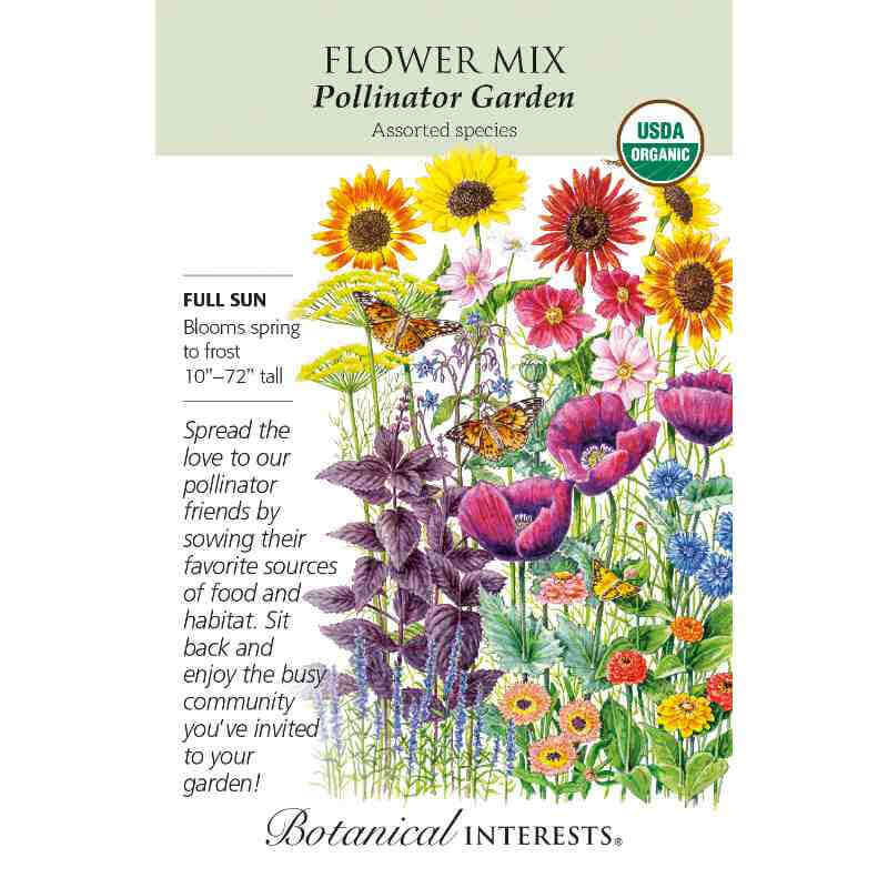 image of seed packet with drawings of several different flowers and herbs in colors of yellow, orange, red, purple, blue and pink with butterflies flitting about.  logo and seed info in black type.  USDA organic logo in upper right corner