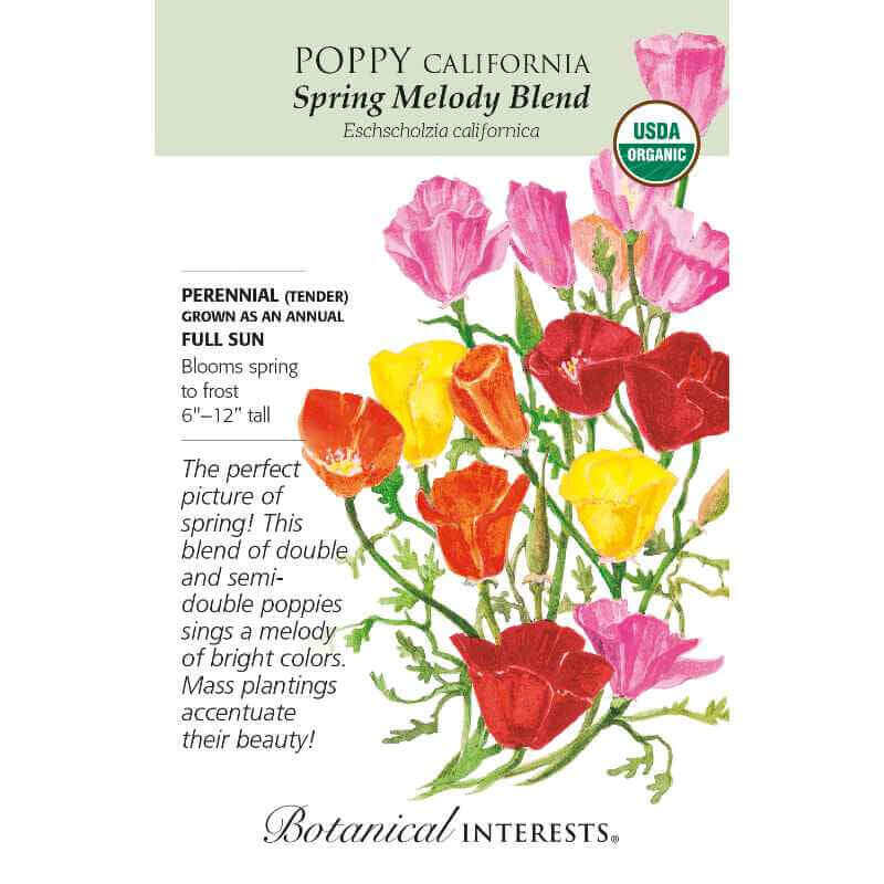 image of seed packet with drawings of several poppies in bloom on long green stems.  blossoms in yellow, pink orange and red.  logo and seed info in black type.  USDA organic logo in upper right corner