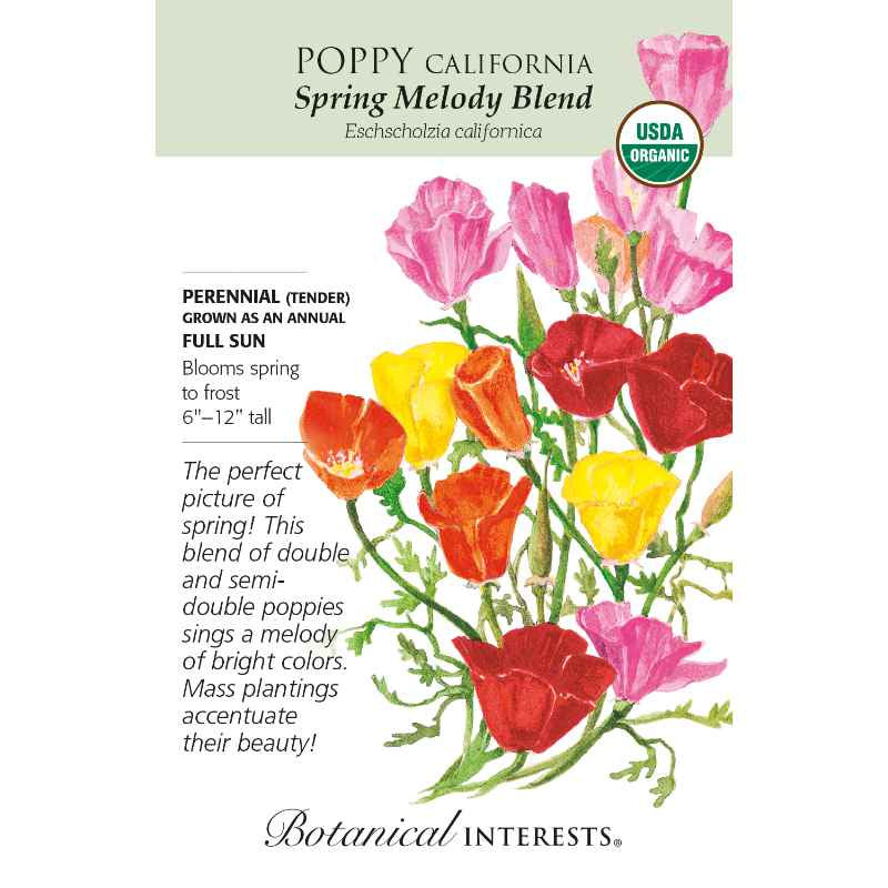 image of seed packet with drawings of several poppies in bloom on long green stems.  blossoms in yellow, pink orange and red.  logo and seed info in black type.  USDA organic logo in upper right corner