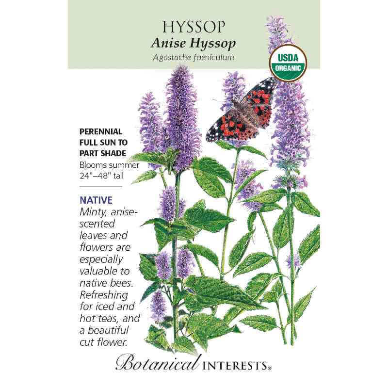 image of seed packet with drawings of tall green stalks with tall cone shaped blooms consisting of many tiny purple blooms and green pointed leaves.  drawing of a butterfly landing on a flower.  logo and seed info in black type.  USDA organic logo in upper right corner