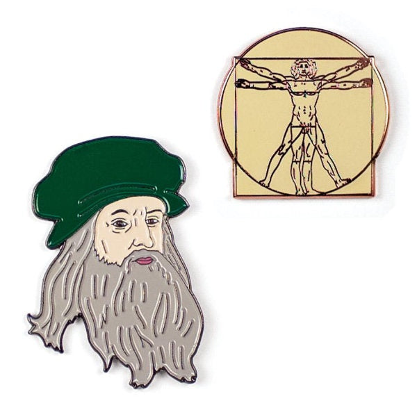 image of two pins.  one of leonardo davinci in a green hat, the other of his drawing of vitruvian man