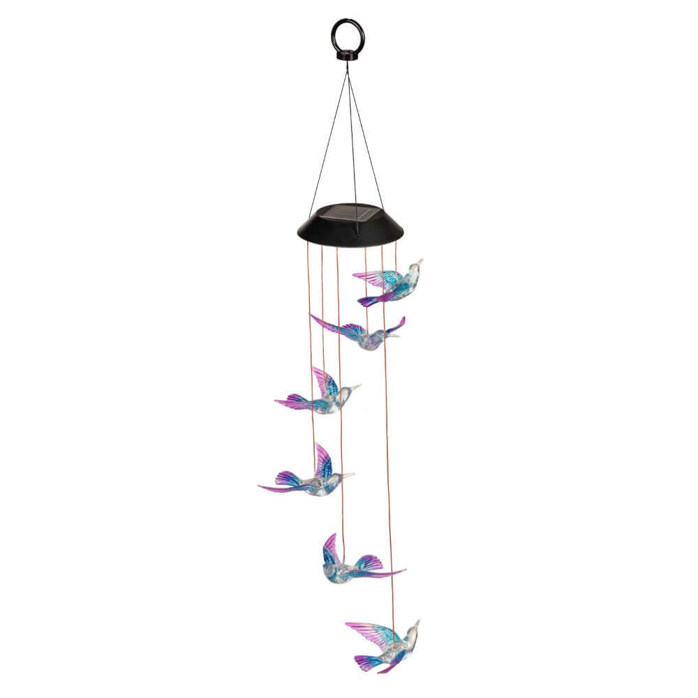 image of mobile with a black round top and six multicolor hummingbird figurines hanging below it