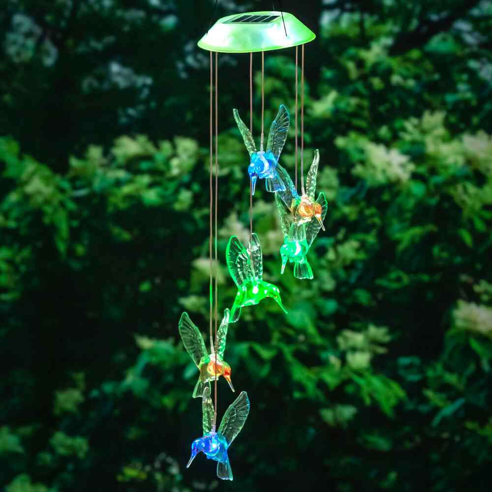 image of mobile with round green top and five multicolor hummingbird figurines hanging below