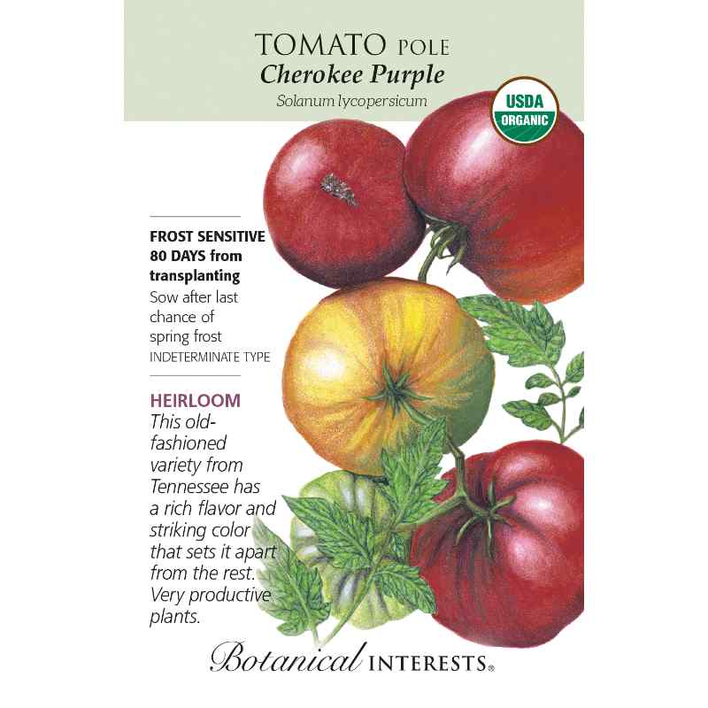 image of seed packet with drawing of five tomatoes of different sizes.  One light green, one golden, and three deep red.  logo and seed info in black type. USDA organic logo in upper right corner