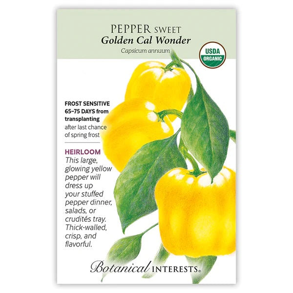 image of seed packet with drawing of three bright yellow bell peppers with green oblong leaves