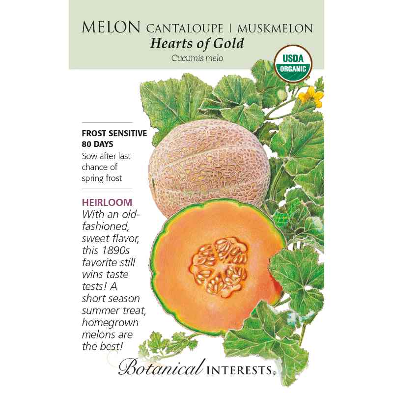 image of seed packet with drawing of a whole cantaloupe and a half a cantaloupe, with orange flesh interior and seeds.  Maple leave shaped green leaves.  logo and seed info in black type.  usda logo in upper right corner