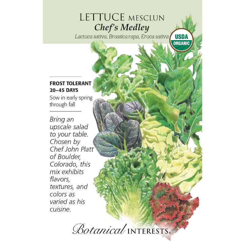 image of seed packet with drawing of several different types of lettuce in light and dark greens, deep red and purple.  logo and seed info in black type.  USDA organic logo in upper right corner