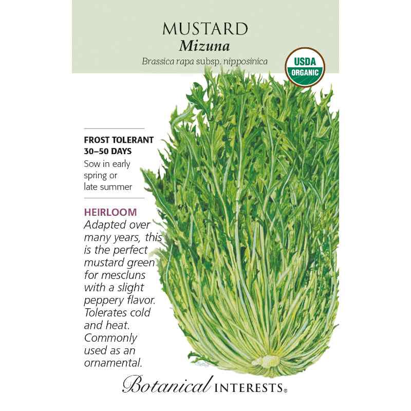 image of seed packet with drawing of a clump of mustard greens in narrow spiky leaves.  logo and seed info in black type.  USDA organic logo in upper right corner.