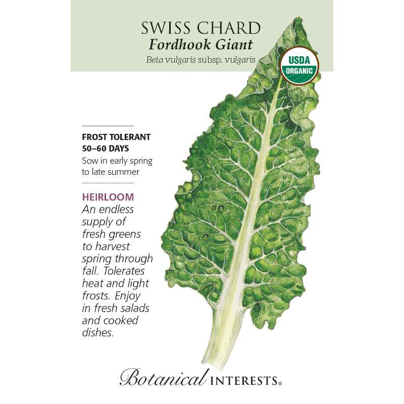 image of seed packet with a swish chard leaf with heavily ruffled edges and light green stalk and veins.  logo and seed info in black type.  USDA organic logo in upper right corner