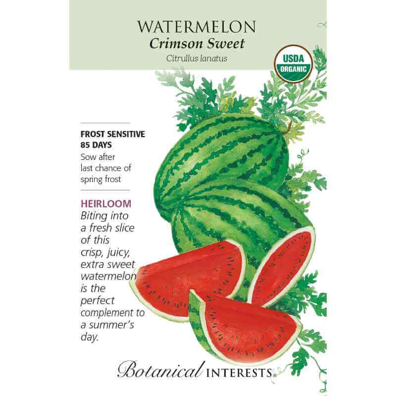 image of seed packet with drawing of an oblong watermelon with light and dark green stripes, and another one that has been cut open, showing bright red flesh and black seeds, and two slices of cut watermelon in front of it.  logo and seed info in black type.  USDA organic logo in upper right corner