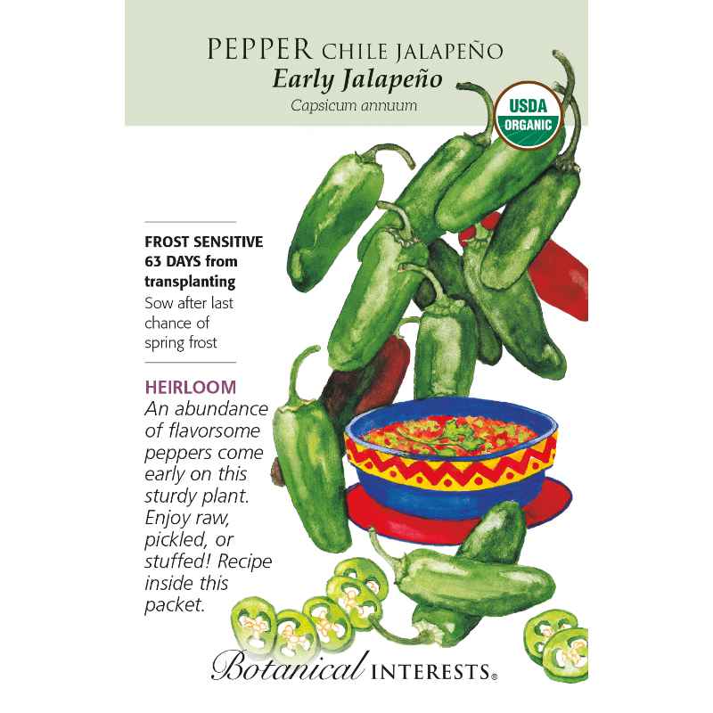 image of seed packet with drawing of several oblong green jalapeño peppers along with two ripe red peppers, and several green slices.  Surrounding a bright red, yellow and blue bowl on a red platter, filled with salsa.  logo and seed info in black type.  USDA organic logo in upper right corner