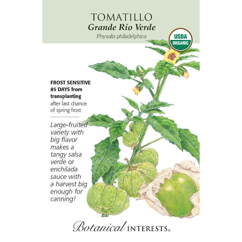 seed pack with drawing of tomatillo plant and harvested tomatillos