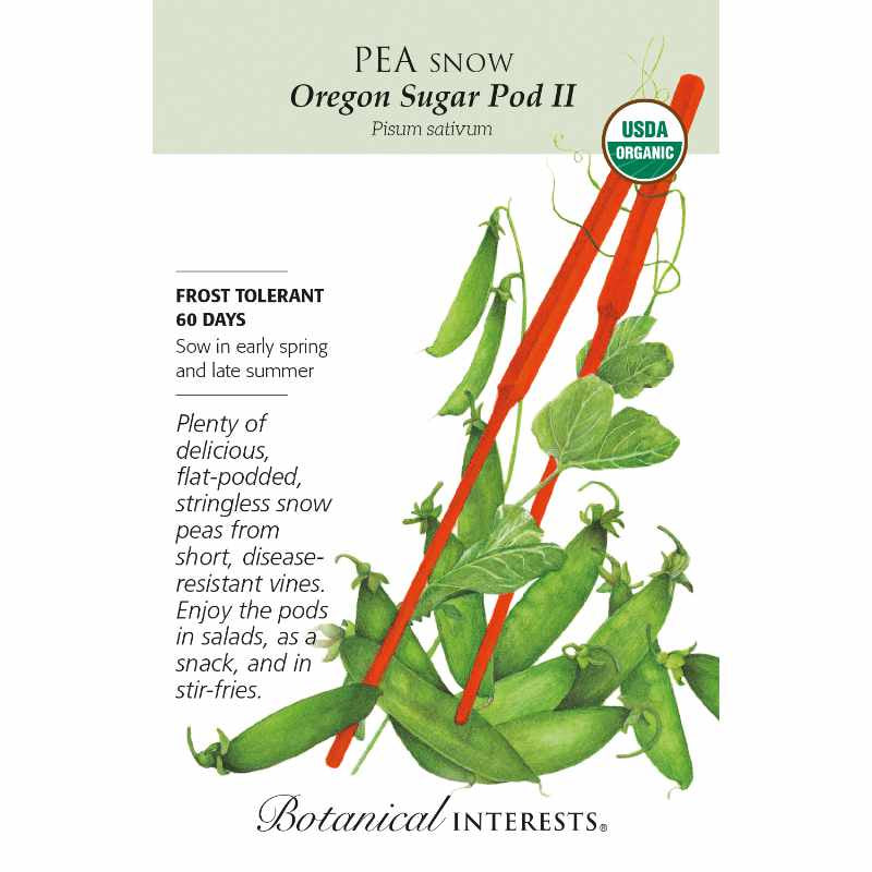 image of seed packet with drawing of red chopsticks and several green pea pods.  logo and seed info in black type.  USDA organic logo in upper right corner