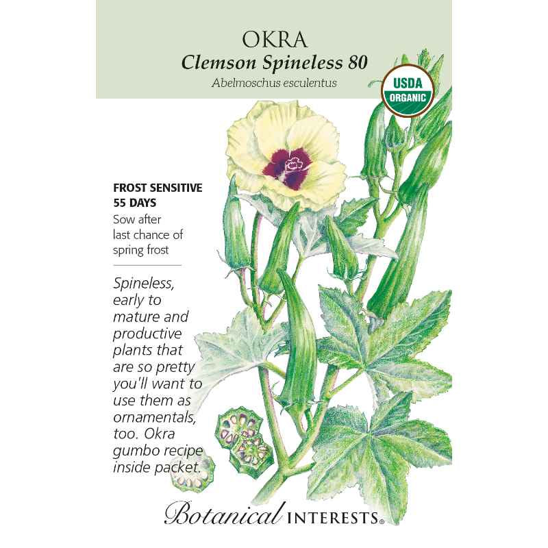 image of seed packet with drawing of okra plant with green stalks, green five lobed leaves, a pale yellow bloom with deep burgundy center and several oblong pointed okra squash.  logo and seed info in black type.  USDA organic logo in upper right corner