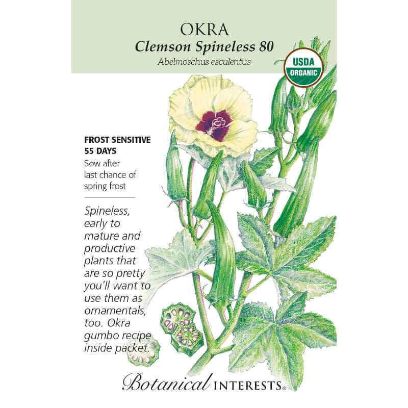 image of seed packet with drawing of okra plant with green stalks, green five lobed leaves, a pale yellow bloom with deep burgundy center and several oblong pointed okra squash.  logo and seed info in black type.  USDA organic logo in upper right corner