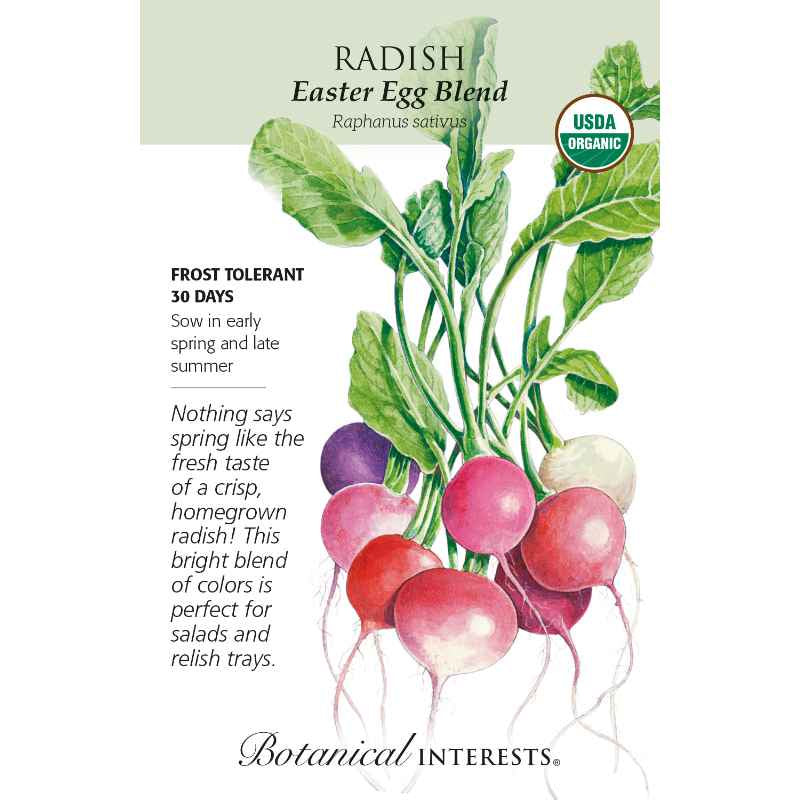 image of seed packet with drawing of several round radishes in colors ranging from off white to pink to red to purple, with green stems and leaves.  logo and seed info in black type.  USDA organic logo in upper right corner