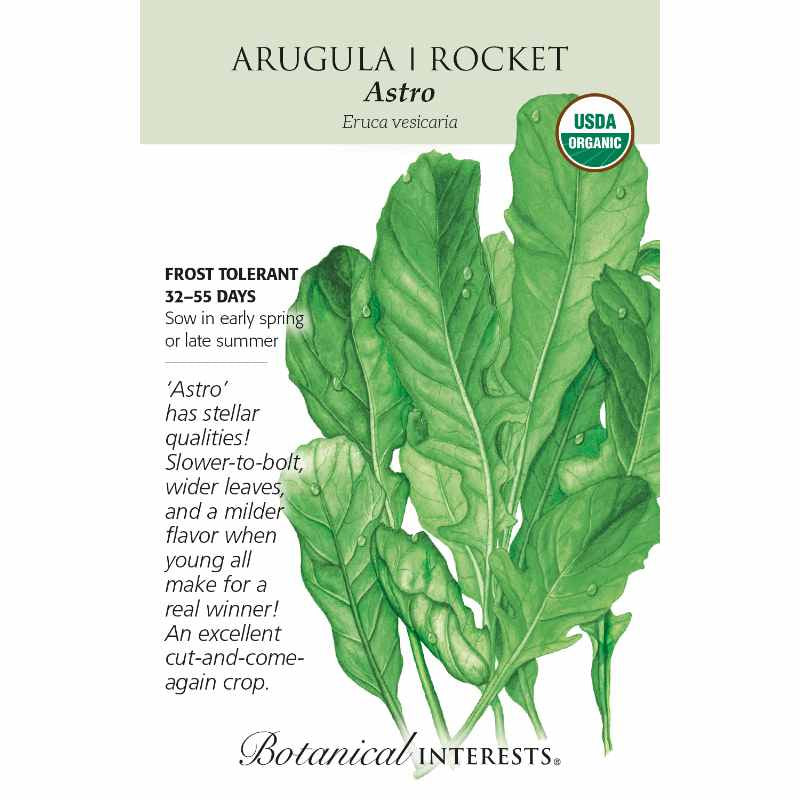 image of seed packet with drawing of several oblong dark green arugula leaves.  logo and seed info in black type.  USDA organic logo in upper right corner
