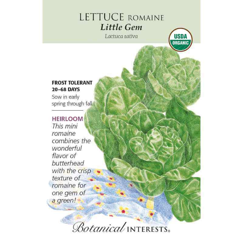 image of seed packet with drawing of a head of romaine lettuce with rounded green wrinkly leaves.  blue garden glove with yellow daisy pattern at bottom of packet.  logo and seed info in black type.  USDA organic logo in upper right corner