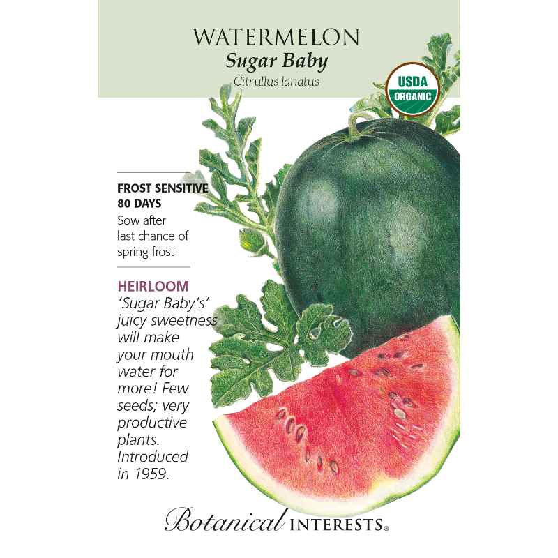 seed pack with drawing of full watermelon and cut open watermelon