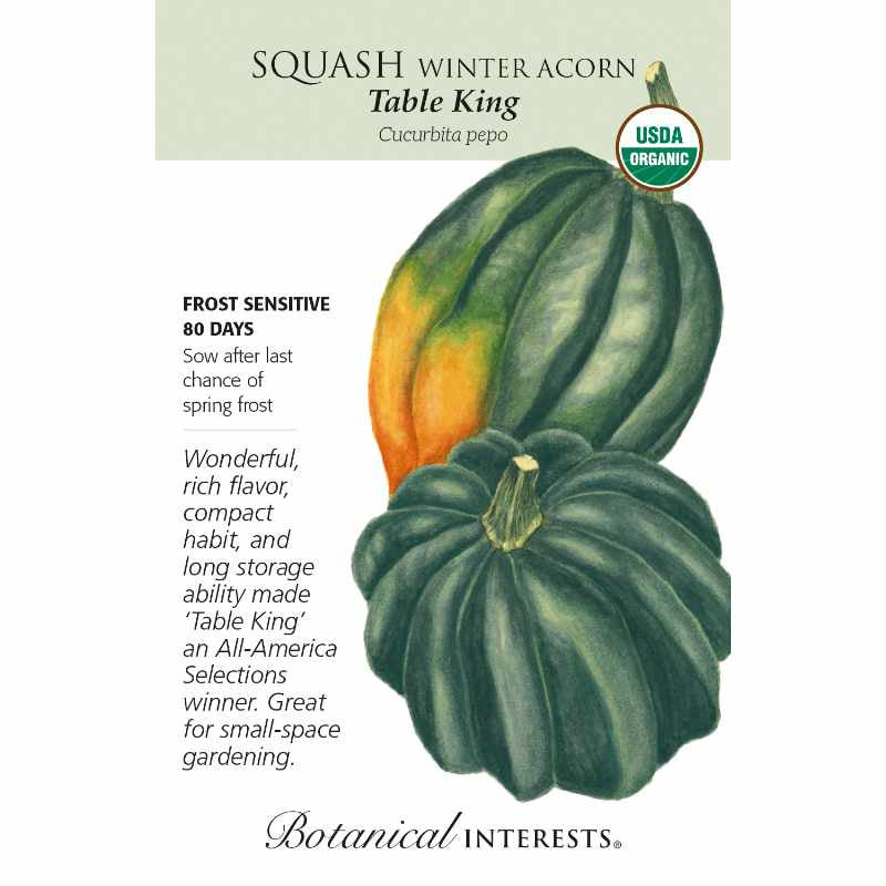 image of seed packet with drawings of two squash with deeply ridged skins, in dark green and one with an orange area on it.  logo and seed info in black type.  USDA organic logo in upper right corner