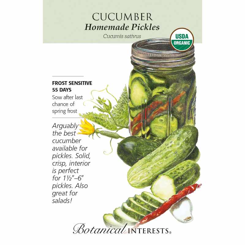 image of seed packet with drawing of a mason jar filled with sliced pickles and a long dried red pepper.  In front of the jar are two whole cucumbers and one sliced cucumber, as well as a dried hot pepper and a garlic clove.  logo and seed info in black type.  USDA organic logo in upper right corner