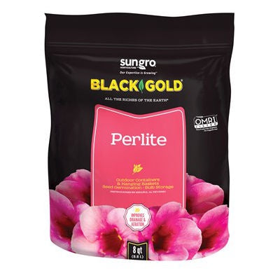black bag with sungro logo in white, black gold brand in yellow, and a bannder in pink with perlite written in white.  bright pink flower blossoms encircle the banner at the bottom of the bag