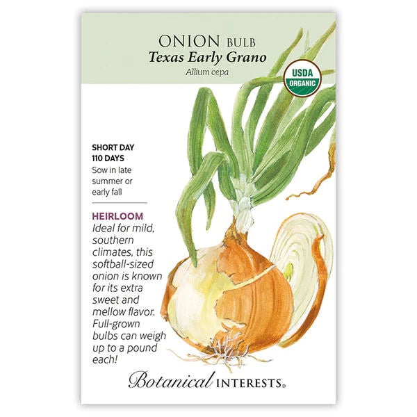 image of seed packet with drawing of a large bulb onion with tall thin green leaves at the top