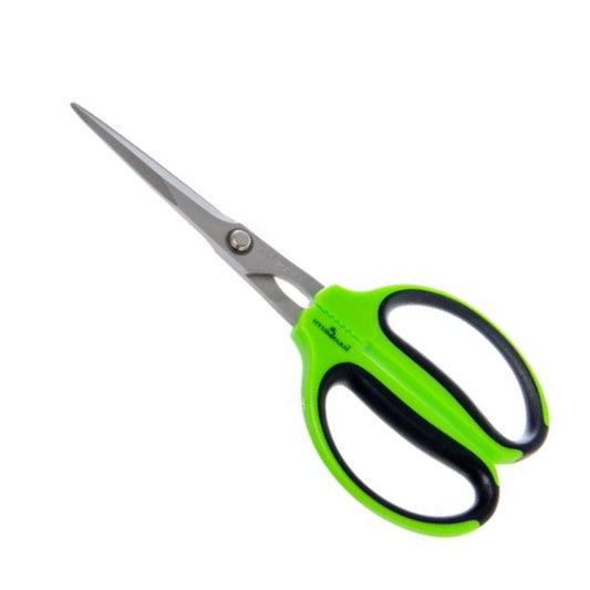 image of pruning shears with stainless steel blades and bright lime green and black handles