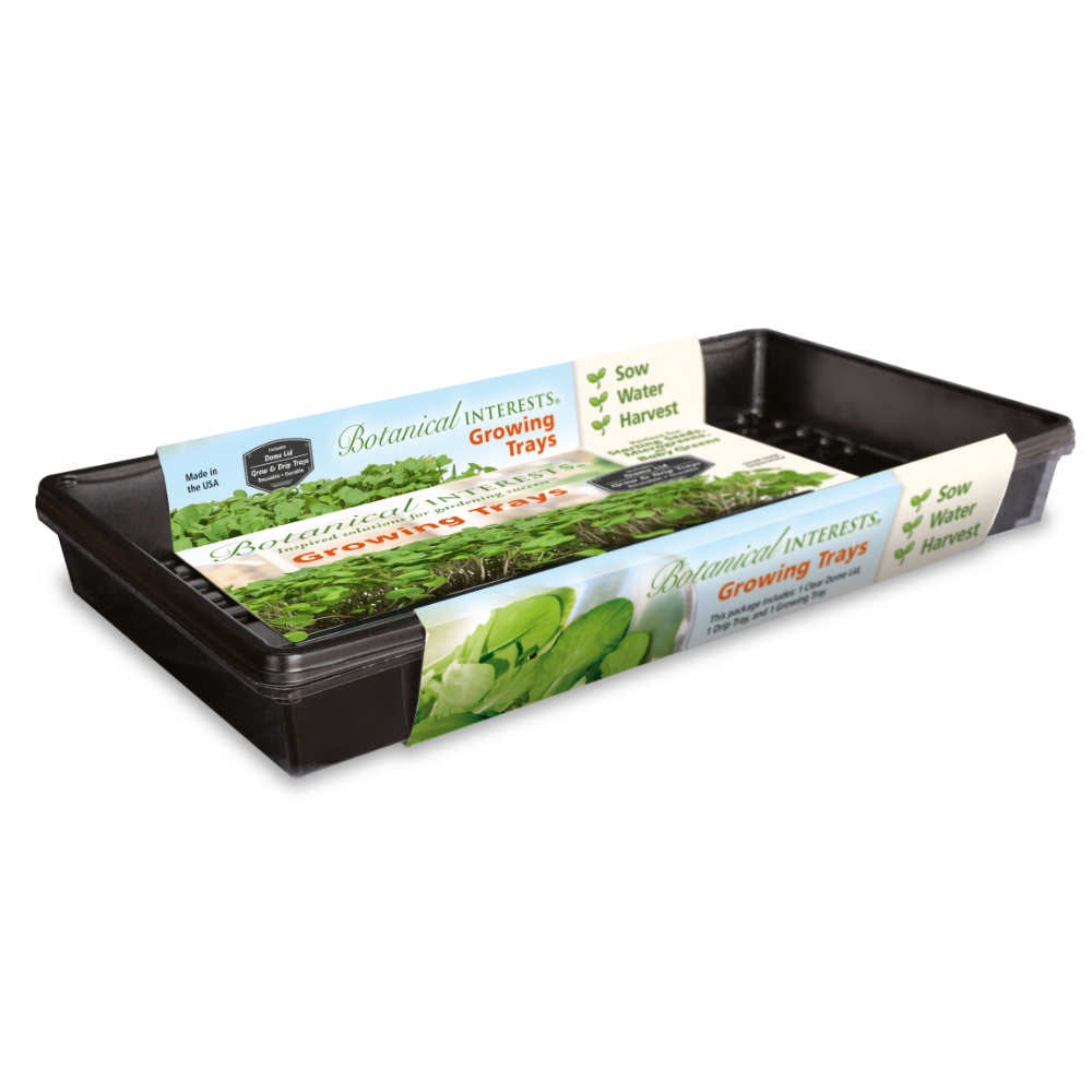 image of rectangular black plastic seed starting tray, with colorful labeling wrapped around the tray with logo, images of sprouts and other information