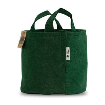 round fabric grow bag in green, with fabric handles