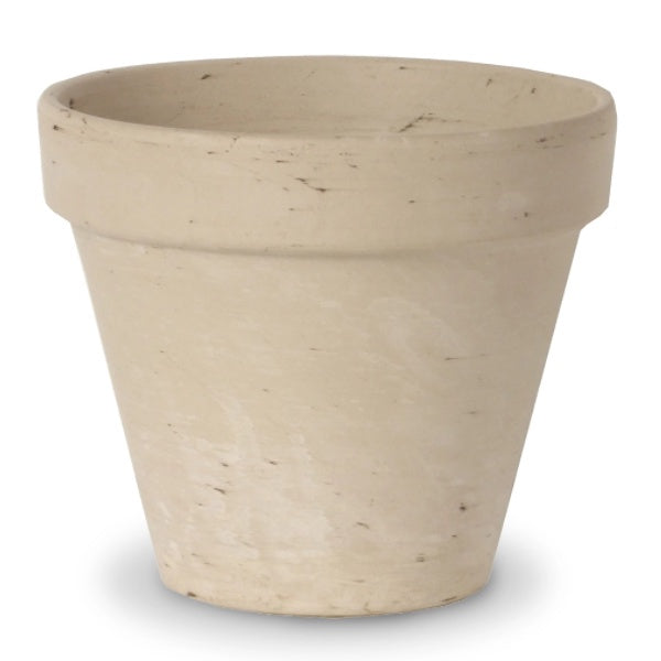 image of clay flower pot with tapered sides and thick band at top in a marbled off white finish