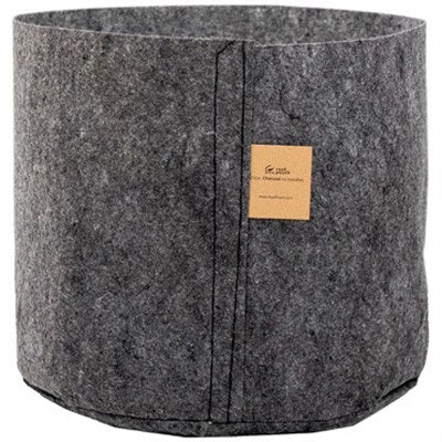 image of round canister shaped grey fabric grow pot with brown label