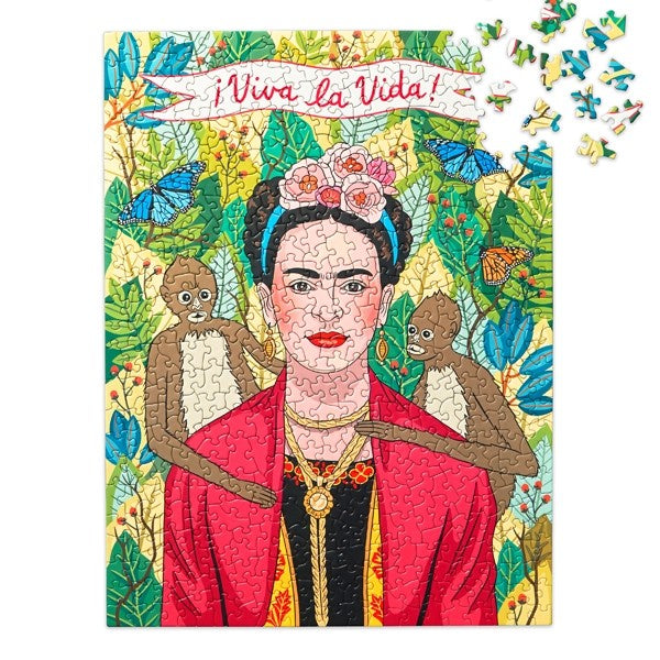 puzzle with drawing of Frida Kahlo with a monkey on each shoulder, jungle behind and Viva La Vida banner above