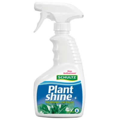 image of white plastic bottle with trigger sprayer and blue and white label with Schultz logo in green and an image of plant leaves at the bottom
