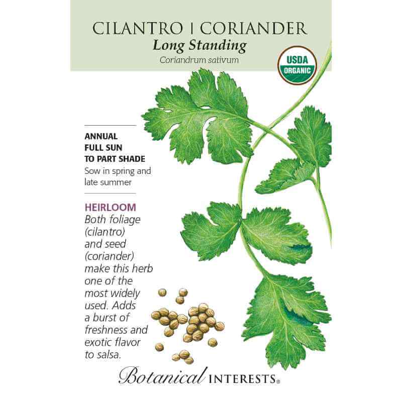 image of seed packet with drawing of two sprigs of cilantro with lobed and serrated green leaves and a small bunch of coriander seeds.  logo and seed info in black type. USDA organic label in upper right corner