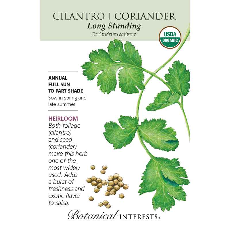 image of seed packet with drawing of two sprigs of cilantro with lobed and serrated green leaves and a small bunch of coriander seeds.  logo and seed info in black type. USDA organic label in upper right corner