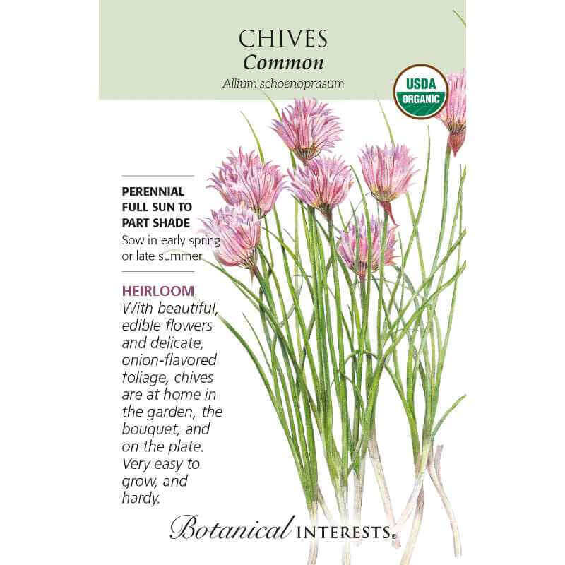 image of seed packet with drawing of several chive plants with tall green spikes and pink blossoms with thin petals on top.  logo and seed info in black type.  USDA organic logo in upper right corner