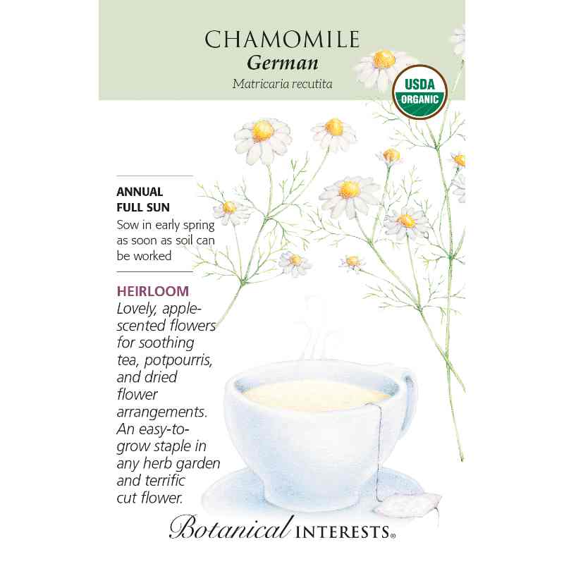 image of seed packet with drawing of a white cup with tea and drawings of chamomile plants with thin green stems and white daisy like blooms with yellow centers.  USDA Organic logo and information printed on front of packet
