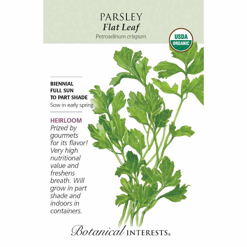 image of seed packet with drawing of several sprigs of parsley, with thin green stems and lobed serrated flat green leaves.  logo and seed info in black type.  USDA organic logo in upper right corner