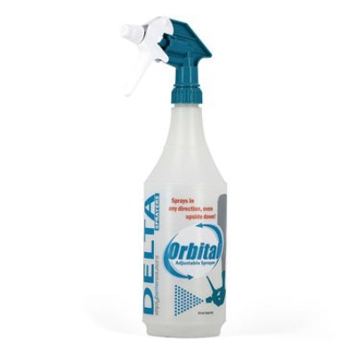 photo of translucent white spray bottle with blue and white sprayer and logo and name of sprayer on side of bottle in blue