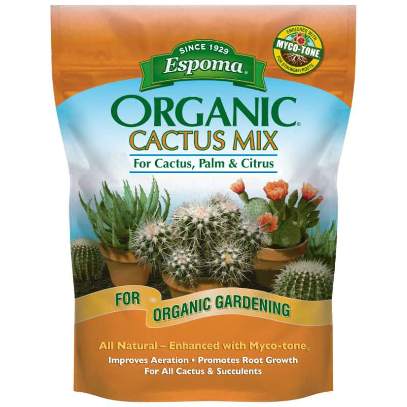 image of bag of cactus soil with green espoma logo and orange highlights at the top and bottom.  Drawings of cacti and succulents across the center