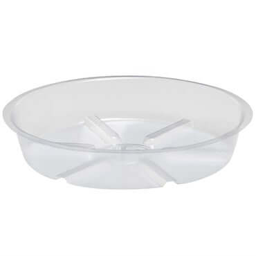 clear plastic saucer with bottom ridges and 1 inch sides